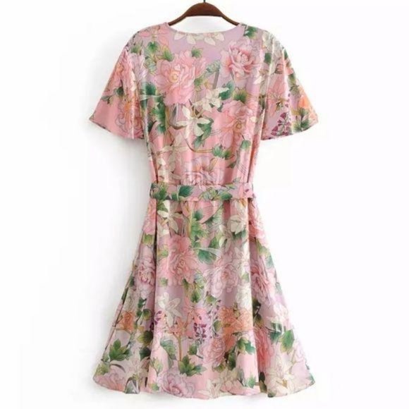 Boho Vintage Floral Print Ruffle Dress Pink Twirl - Picture 3 of 8